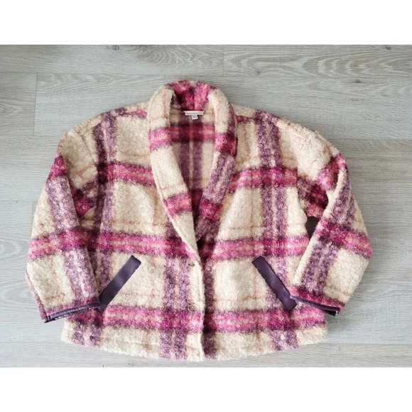 Knox Rose Plaid Faux Fur Multi Color Pink Beige Curly Unlined Jacket Coat 2X XXL - Picture 10 of 15